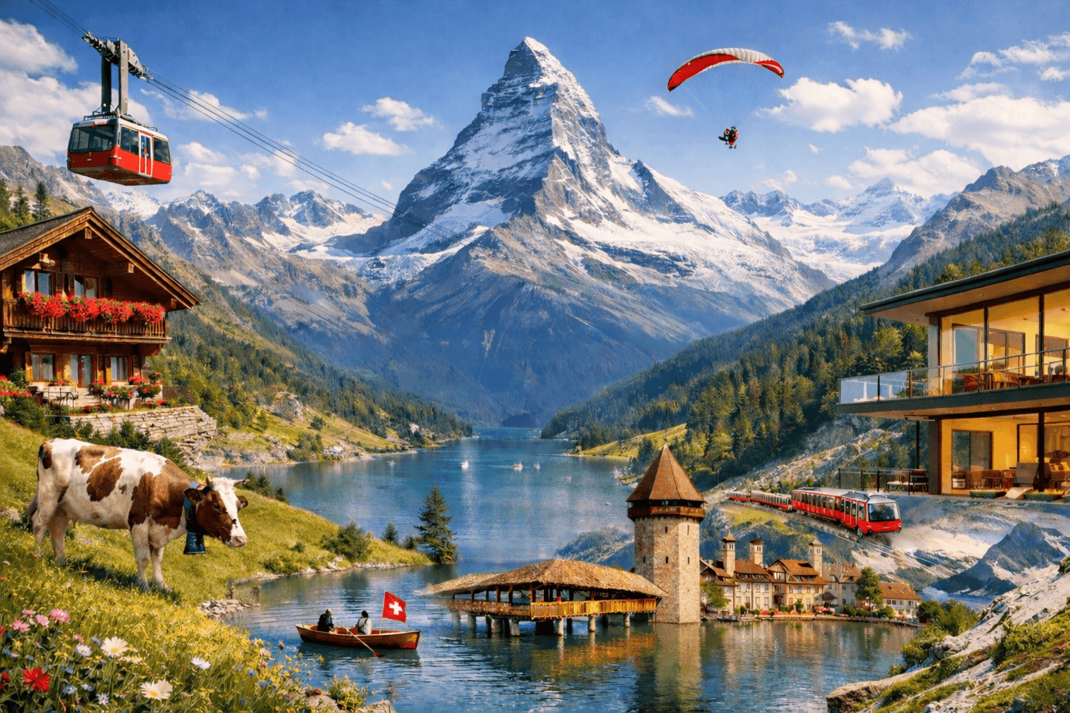The Swiss Alps above a lake in summer